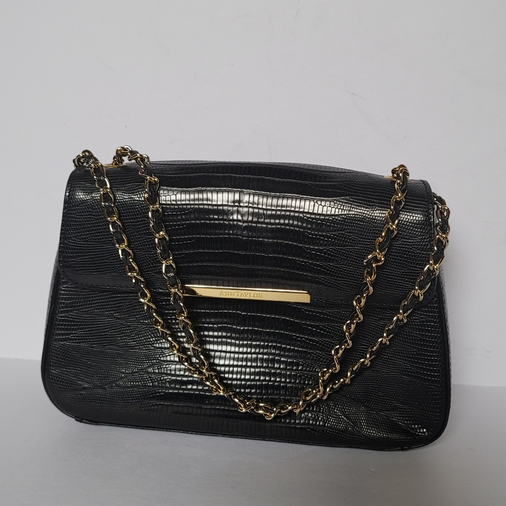Ann Taylor Black Leather Mini Shoulder Bag With Gold Tone Chain and Logo.
